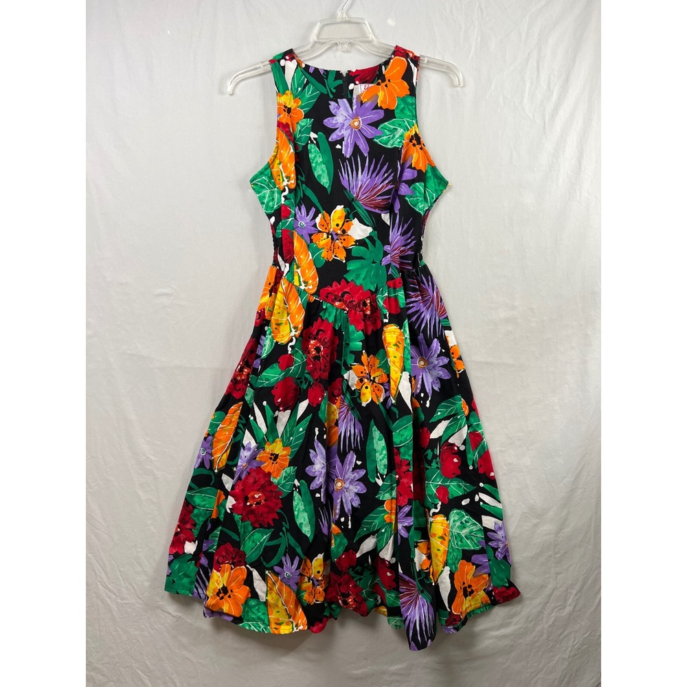 Vintage Eber San Francisco Floral Midi Dress Womens 14 Black Multi Smocked Back